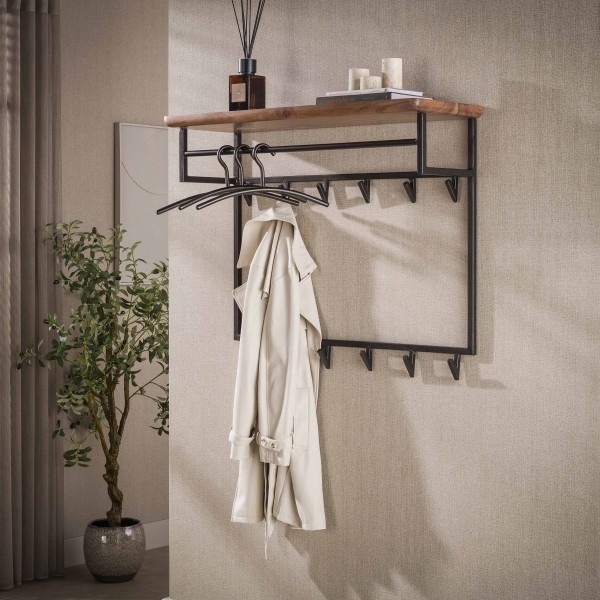 Wandgarderobe „Koka High“ – 12 Haken, Hutablage & Kleiderstange, Akazie Massivholz Braun/Bronze