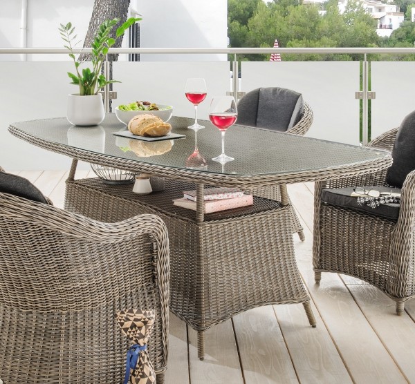 Tisch "Honey", vintage grau, oval, 200 x 100 x 75 cm, mit Glasplatte, Gartentisch, Balkon, Garten