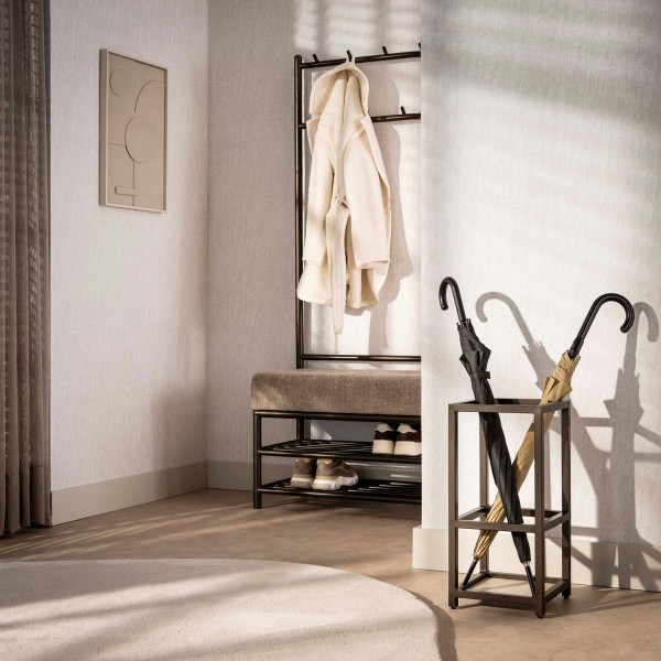 Schirmständer „Arvia Quadro“ – quadratisch, Metall & Travertin, Drift Brown (25 × 53 cm)