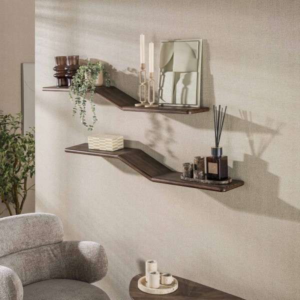 Wandregal Set "LIVANO" S-Shape – Massiv Teak Espresso – 2-teilig