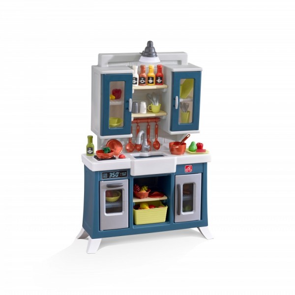 Spieleküche "Pinos" aus Kunststoff 99x61x81cm blau, weiß, grau Vintage Kinderküche 