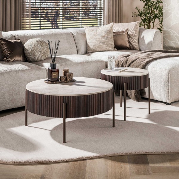 Couchtisch-Set „Selma“ – 2-teilig, 3D-Keramik Taj Mahal, Eichenoptik