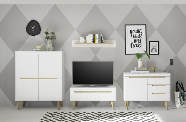 Kombination 4er Set "Lumira" - Highboard, Sideboard, Lowboard, Wandboard, Scandi Oak Dekor