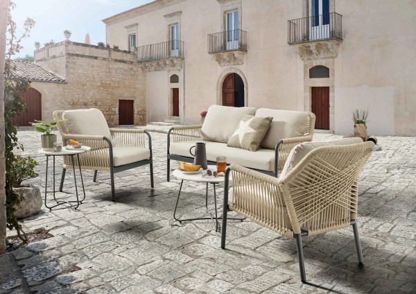 Sofa-Set"Noemi", beige, mit Polstern, Tischplatte in Marmoroptik, Balkon, Terrasse, Gartenmöbel, Balkonmöbel