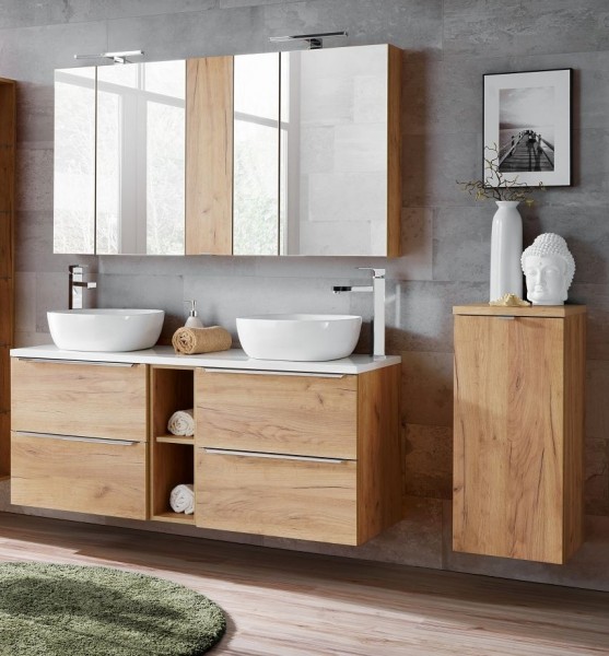 Badmöbelset "Melbourne VIII" Gold Craft Oak 10-teilig, Badezimmerset, Badezimmer inkl. Beleuchtung 