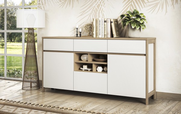 Sideboard "Stranda" 3x Schubkasten, 3x Drehtüren, Weiss Skandi Eiche Dekor, 164x85x39 cm