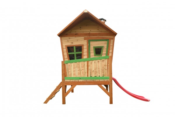 Holzspielhaus "Vibke" mit Veranda + Leiter + Rutsche 193x287x226cm aus Zedernholz in braun