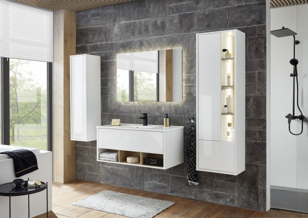 Badezimmer-Set „Studio “ 4tlg., Waschtisch mit Waschbecken, Hochschrank, Schrank, LED-Spiegel, Weiß