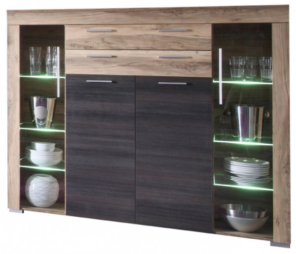 Highboard II "Frieso", Schrank Kommode Vitrine Glas ink Bel. Nussbaum Satin Touchwood 160x137x40