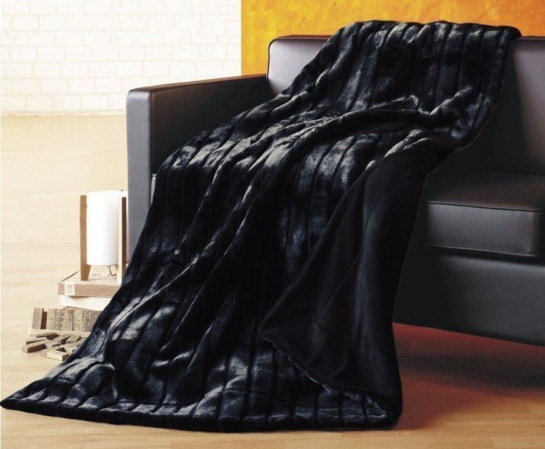 Wende-Wohndecke Nerz mit Mikro-Fleece-Abseite in Schwarz