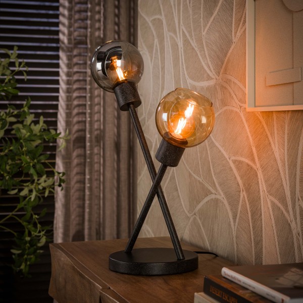 Tischleuchte „Zahra Cross“ – 2-flammig, Glas & Metall, Artic Black