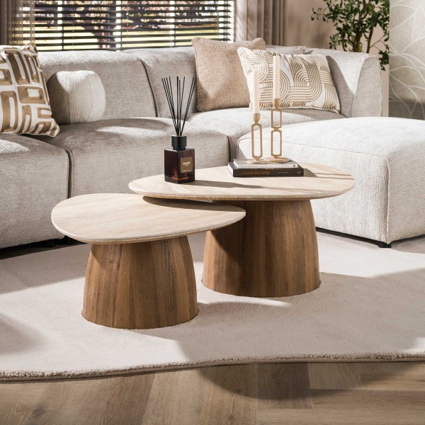 Couchtisch-Set „Serafina“ – 2-teilig, 3D-Travertin-Keramik, Eichenoptik