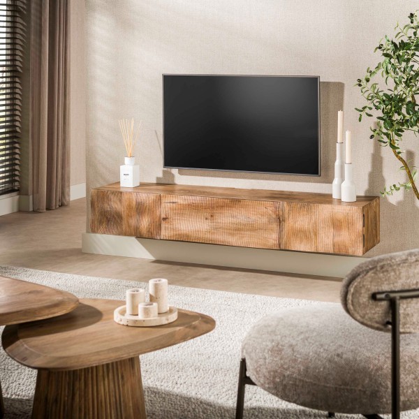 TV-Möbel „Marilo“ – Massives Mangoholz, Sandfarben, schwebend oder auf Hairpin-Gestell, für Wohnzimmer