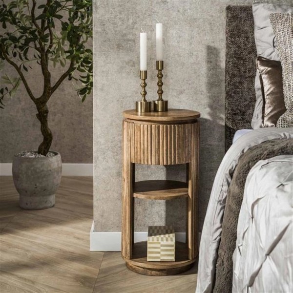 Nachttisch „Luno“ – Rund, Mangoholz massiv, 1 Schublade & offene Fächer, 30 × 30 × 60 cm