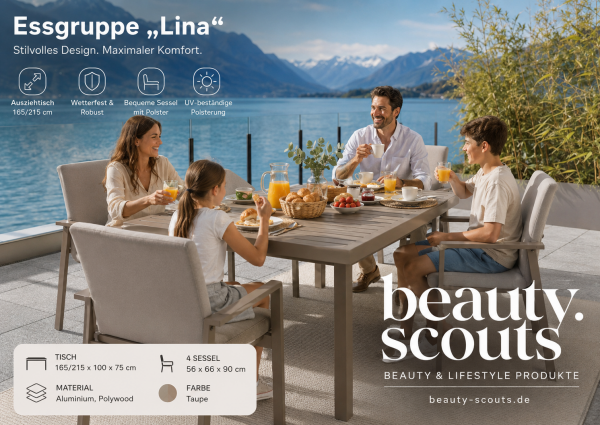 Essgruppe „Lina“ – 1 Ausziehtisch 165/215 x 100 cm & 4 Sessel, Taupe, Balkon,  Garten