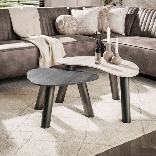 Couchtisch-Set „Violetta Organica“ – 2-teiliges organisches Set, 3D Keramik Travertin, Schwarz/Grau