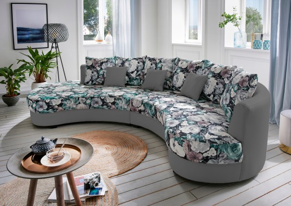 Nierensofa "Madeleine" Blumenmuster grau 306 x 74 x 183 cm (B/H/T) Sofa mit Zierkissen