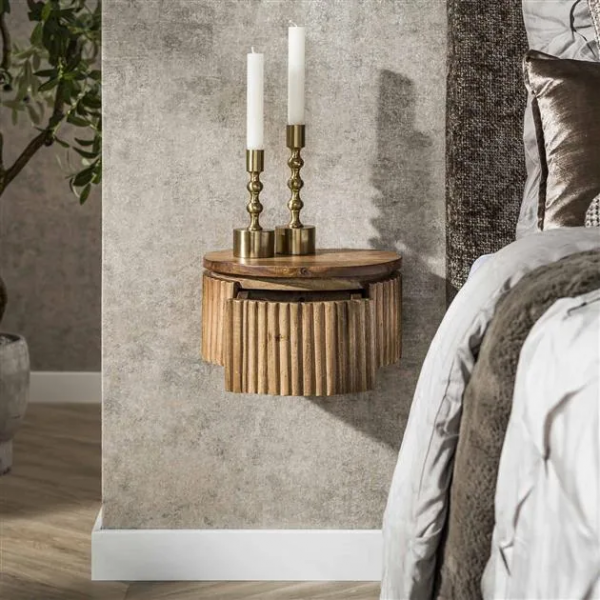 Nachttisch „Lumo XS“ – schwebend, rund, 1 Schublade, Massivholz Mango sand 30×26×15 cm