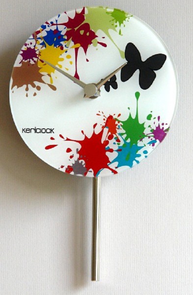 Wanduhr Pendeluhr "Farbkleckse" Glas, Küche, Wohnzimmer, Diele/Flur, 23x14 cm, in Bunt