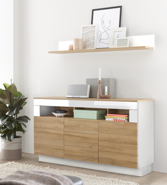 Sideboard "Roana I" Weiß Tiefzieh Hochglanz Grandson Oak hell Dekor 149x85x43cm