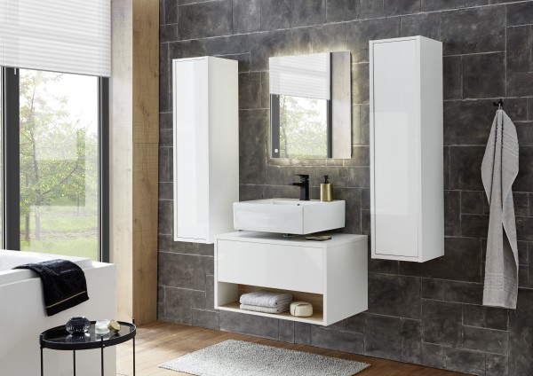 Badezimmer-Set "Studio" 4tlg., 2x Schrank, Waschbeckenunterschrank, LED-Spiegel, Weiß Hochglanz/Eich