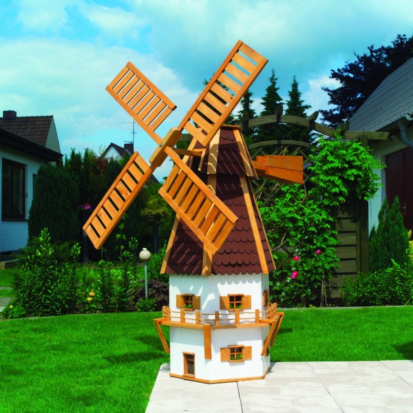 Windmühle "Norderney" honigbraun weiß Handarbeit 80x80x160cm Gartenwindmühle