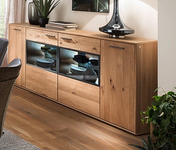 Sideboard "Piet" Board Glaselement, gedämpfte Türen, Eiche Bianco NB, 184x90x44cm, Vitrine, Schrank