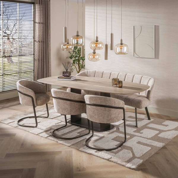 Esstisch „Sienna“ – Dänisch oval 215 cm, 3D-Keramik in Travertinoptik, Sand