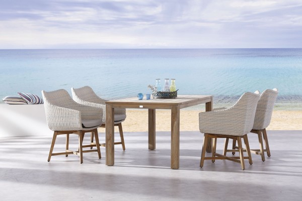 Gartengruppe "Tine" 5-tlg. Teakholz Tisch 4x Korbsessel Sitzgruppe Gartengruppe Dining-Groupe