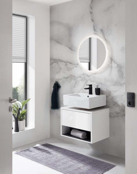 Waschplatz "Studio" – Rund 60 cm Unterschrank & LED-Beleuchtung, Weiß Hochglanz / Anthrazit, wandhän