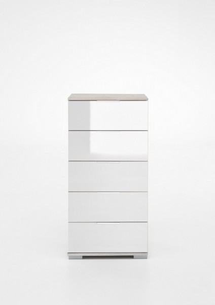 Schubkastenkommode "Olha" Weißeiche NB+Glas weiß (5xSchubkästen) 49x102x41cm Board