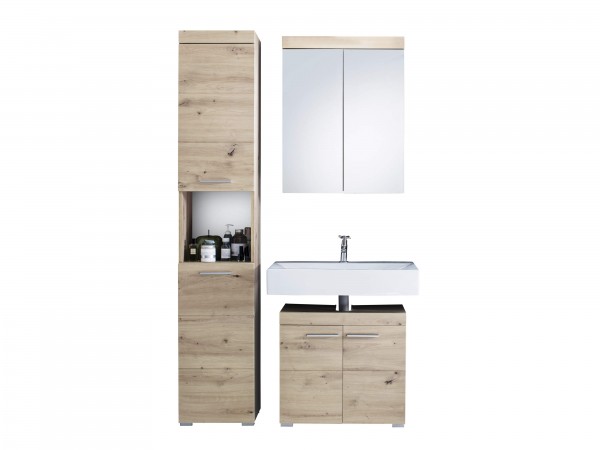 Badmöbelset "Ludwig VI", 112x190x34cm, Asteiche Dekor, Badezimmerset, 3er-Set, Badmöbel, Badezimmer