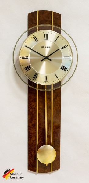 Edel Quarz Wanduhr "Gerd" in Nussbaum, gedruckter Goldring, diamantgedrehtes Ziffernblatt, 23x60 cm