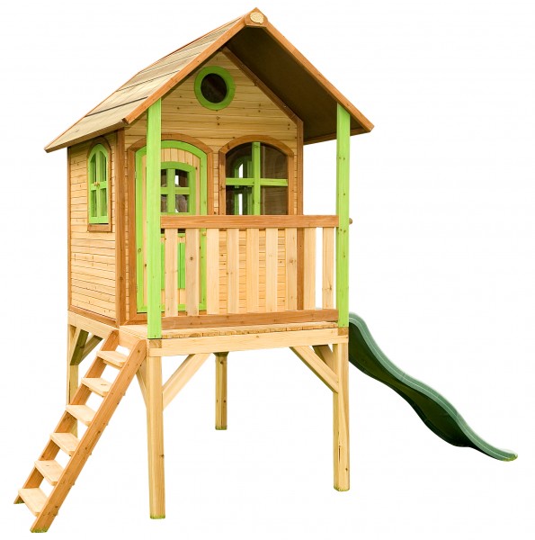 Holzspielhaus "Wencke" mit Veranda + Rutsche + Leiter 172x272x318cm aus Zedernholz in braun