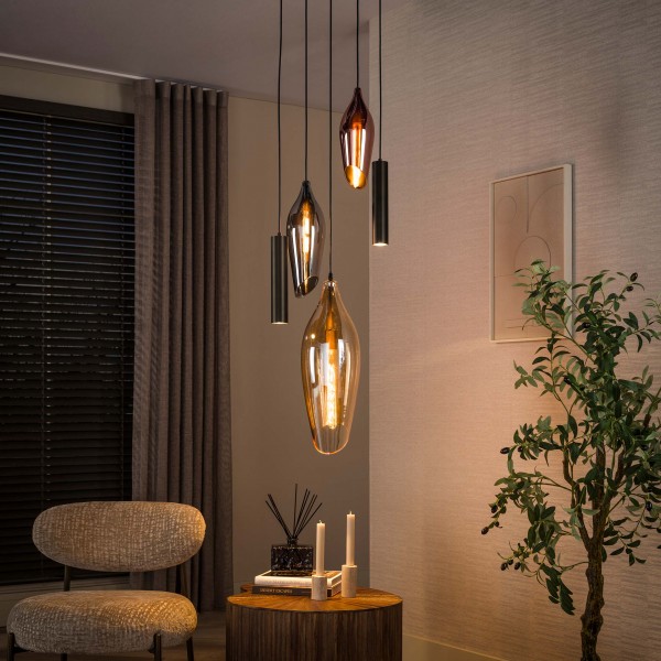 Pendelleuchte „Lumi Quint“ – 5-flammig, Glas & Metall, Braun / Schwarz