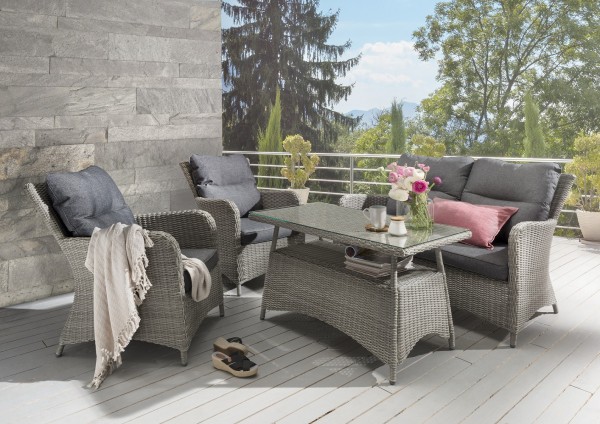 Sofaset "Angelo", grau/anthrazit, 4-teilig, inkl Polster und Tischglasplatte, Loungemöbelset, Garten