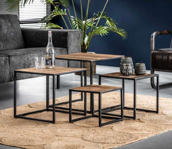 4er Set Couchtisch "Aluna" eckig Recyclingholz Stahlgestell schwarz Wohnzimmertisch Tischset