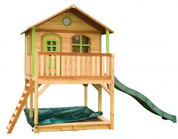 Holzspielhaus "Wieka" mit Veranda + Leiter + Rutsche + Sandkasten 212x432x293cm aus Holz in braun