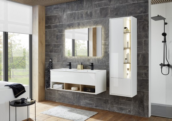 Badezimmer-Set "Studio" 3-tlg., Schrank 2 Türen, Waschtisch mit Waschbecken, Spiegel mit LED, Weiß/E