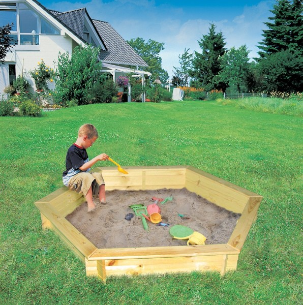 6-Eck Sandkasten "Karsten I", Kiefer, natur, 173 x 148 x 21 cm, mit Folienplane, Kinder, Garten