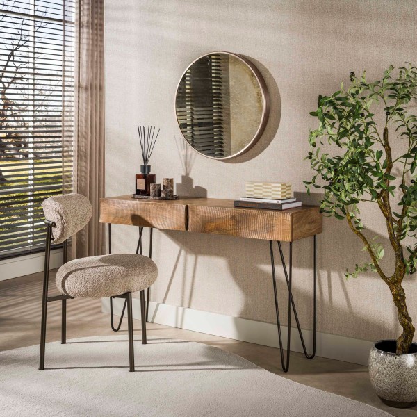 Konsolen-/Schminktisch „Marilo“ – Mangoholz Sand, Wellenfront, 2 Schubladen