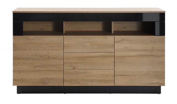 Sideboard "Ruby I" Schwarz Hochglanz Grandson Oak hell Dekor 149x85x43cm Board Wohnzimmer 