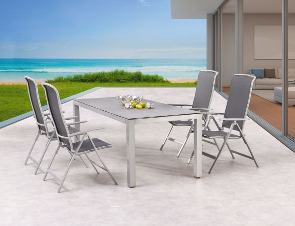 Gartengruppe "Ida" 5-tlg. silber/Keramik Tisch 4xKlappsessel Sitzgruppe Gartengruppe Garten