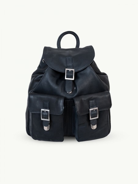 Backpack AMAZONAS – Klassischer Vachetta-Leder-Rucksack mit zwei Fronttaschen und edlem Steckschloss in black