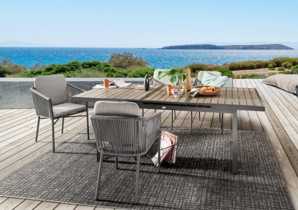 Essgruppe „Maja“ – 1 Ausziehtisch 165–215 x 100 cm + 4 Sessel, Aluminium, Grau, Garten-Balkonmöbel-Set