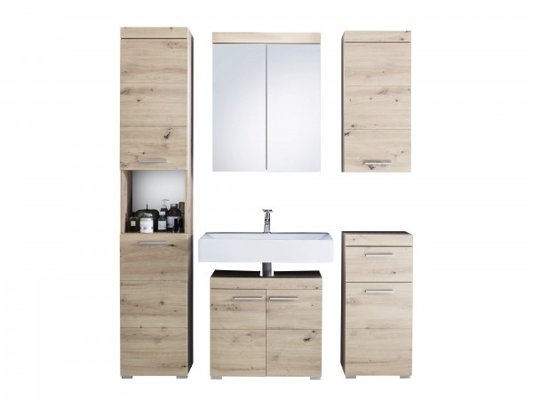 Badmöbelset "Ludwig", 163 x 190 x 34cm, Asteiche Dekor, Badezimmerset, 5er-Set, Badmöbel, Badezimmer