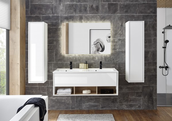 Badezimmer Set "Studio" 4tlg., 2x Schrank, Waschtisch mit Waschbecken, Spiegel mit LED, Weiß/Eiche D