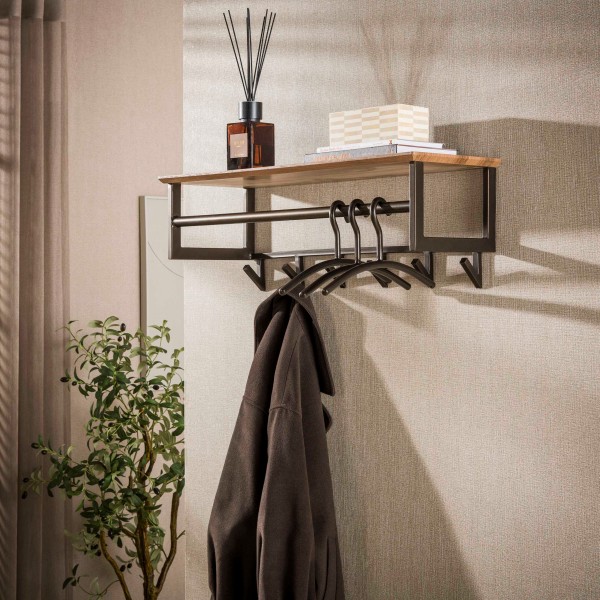 Wandgarderobe „Arvo“ – Metall Drift Brown, kompakte Wandgarderobe mit 6 Haken, 80 × 28 cm