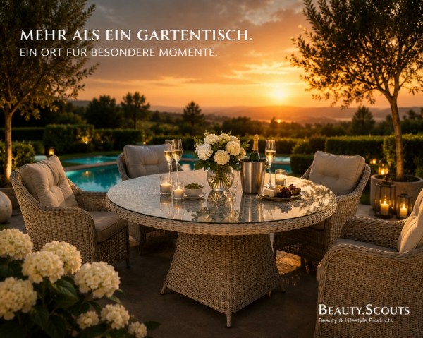 Gartentisch Honey Ø120 cm | Runder Polyrattan Gartentisch mit Glasplatte