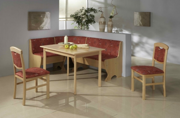 Eckbankgruppe "Bocholt" Eckbank Tisch 2 Stühle Buche Dekor Mikrofaser rot 4-teilig